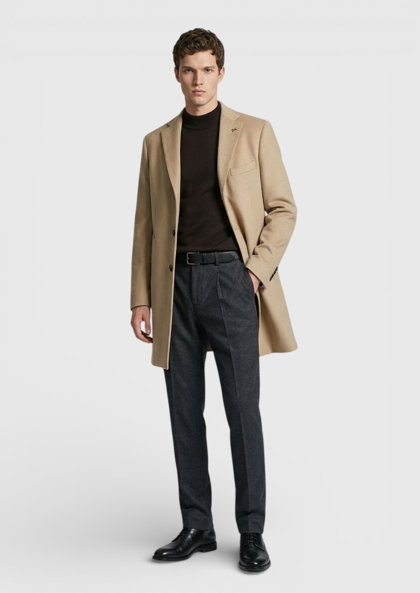 Buff Regular Fit Butterfly Collar Classical Weaving Overcoat - RAMSEY