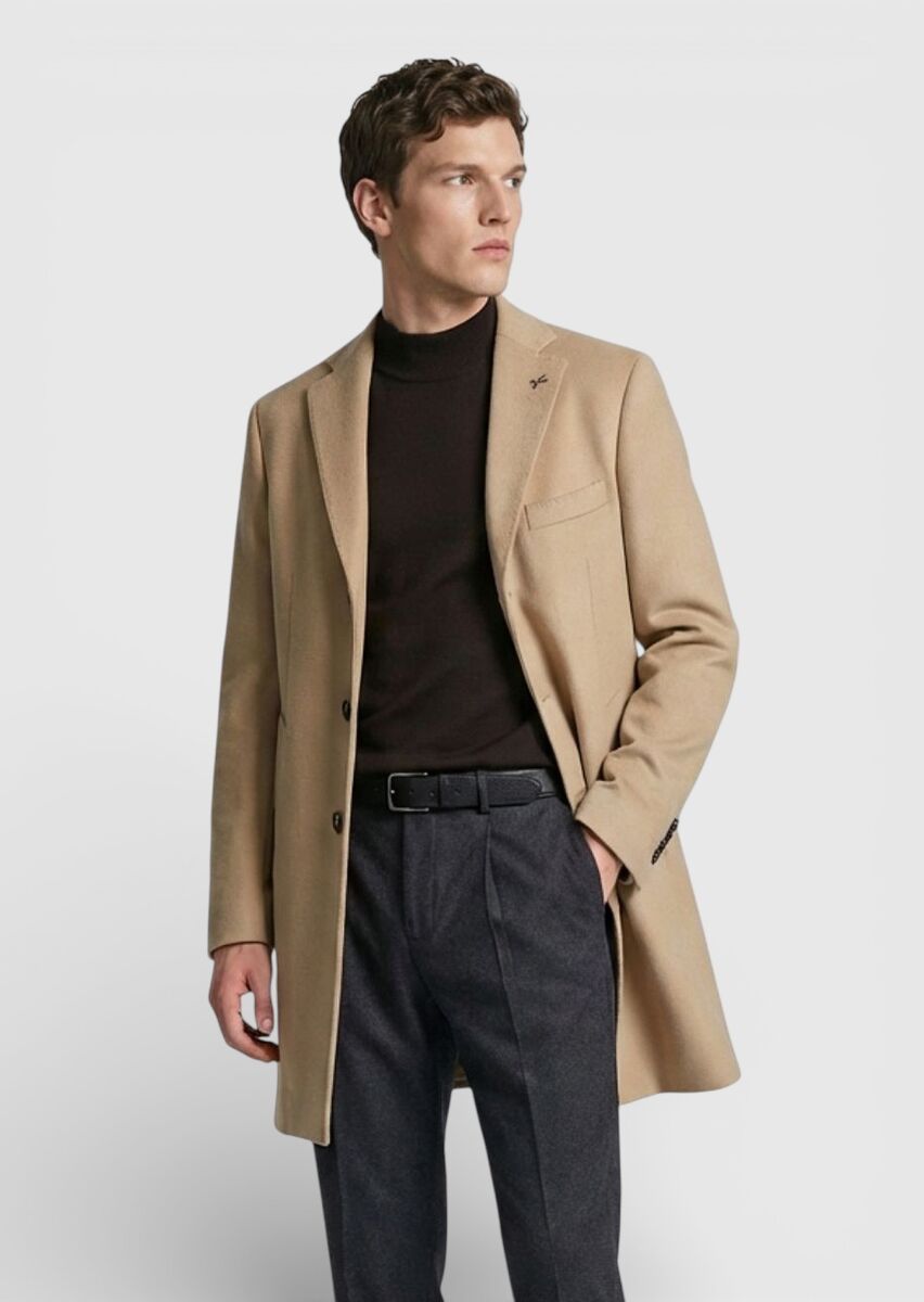 Buff Regular Fit Butterfly Collar Classical Weaving Overcoat - 2