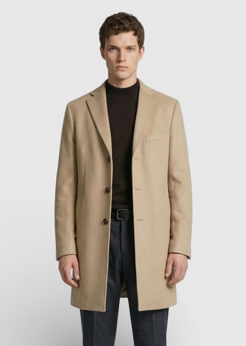 Buff Regular Fit Butterfly Collar Classical Weaving Overcoat - 3