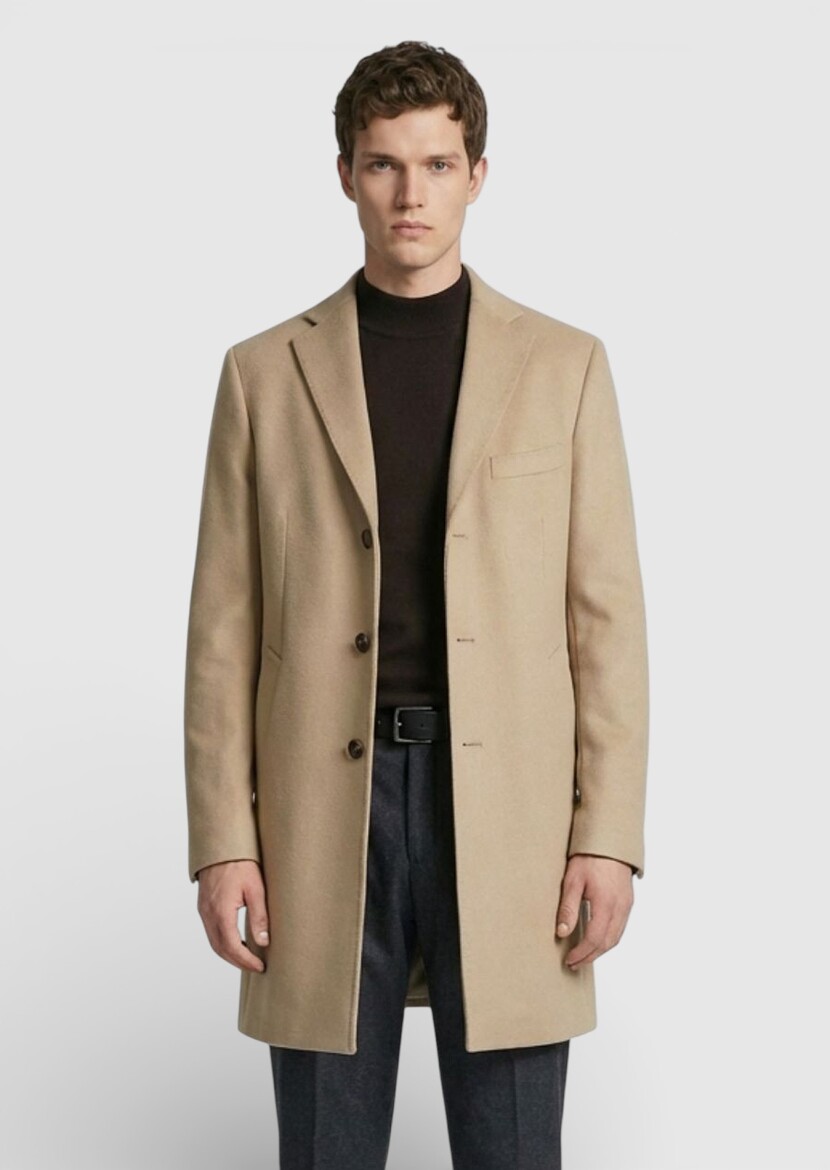 Buff Regular Fit Butterfly Collar Classical Weaving Overcoat - 3