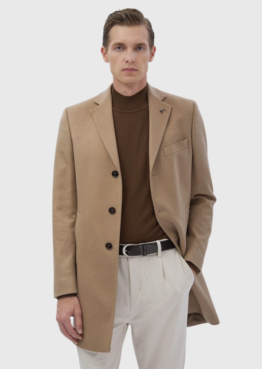 Buff Regular Fit Classical Weaving Overcoat - 2