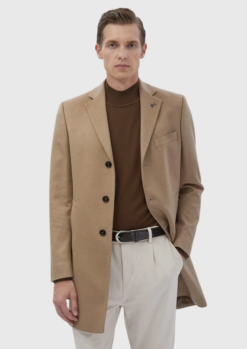 Buff Regular Fit Classical Weaving Overcoat 