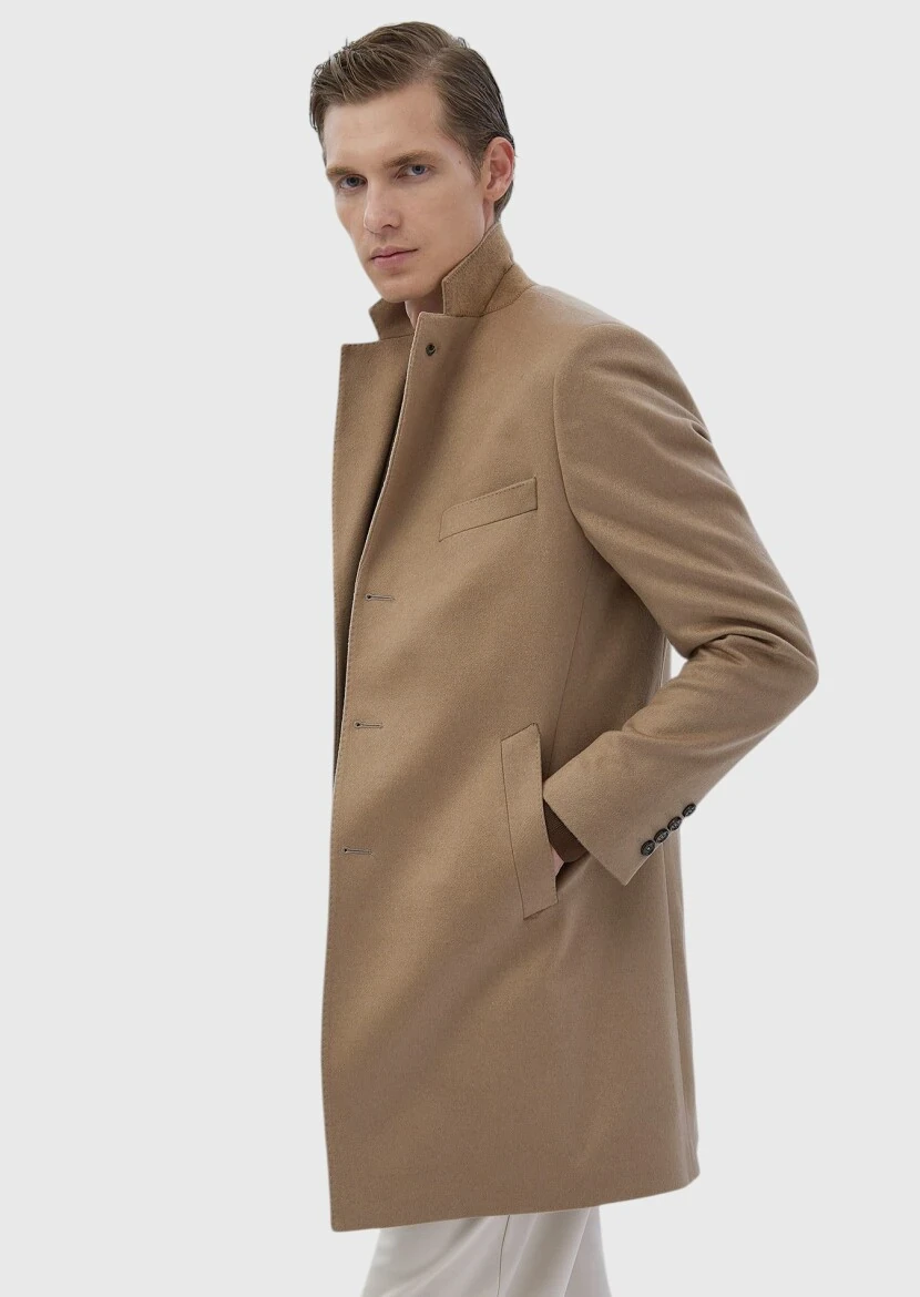 Buff Regular Fit Classical Weaving Overcoat - 3