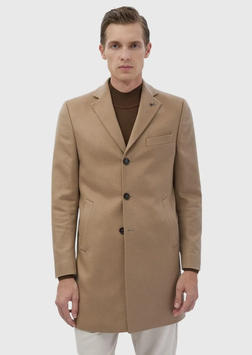 Buff Regular Fit Classical Weaving Overcoat - 4