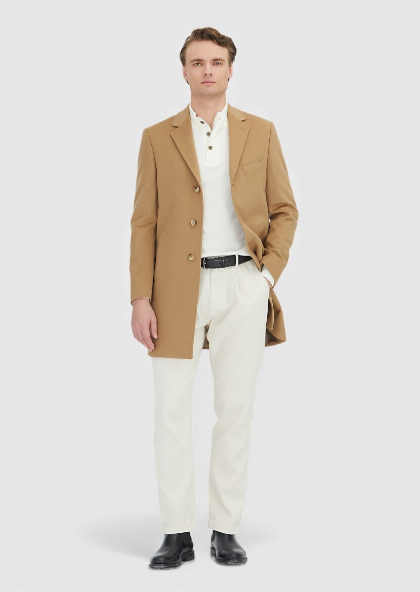 Buff Regular Fit Classical Weaving Overcoat - 1