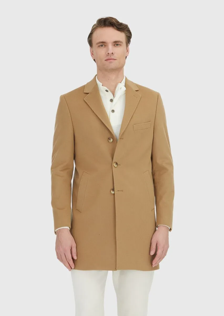 Buff Regular Fit Classical Weaving Overcoat - 2