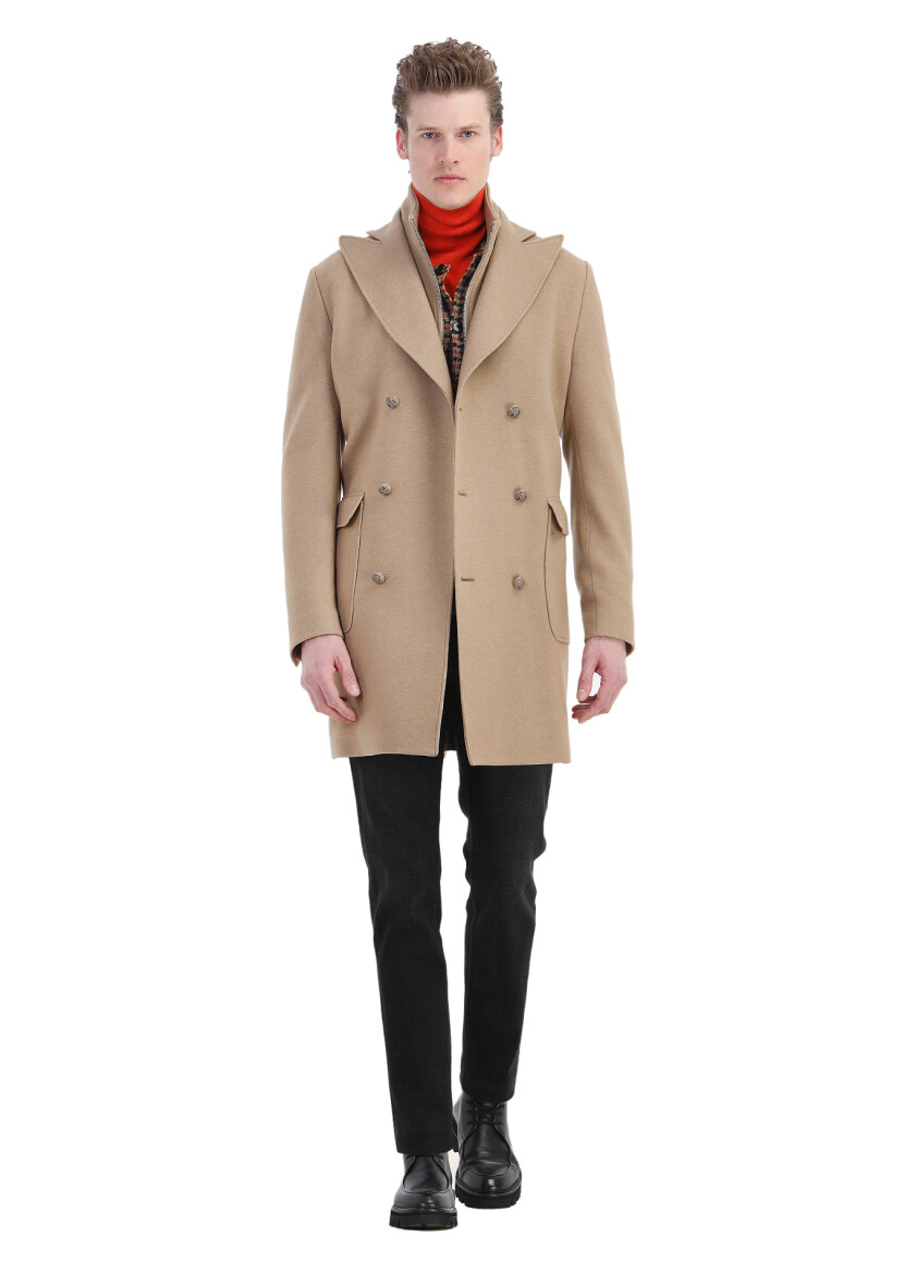 Buff Regular Fit Double Breasted Collar Casual Knitting Overcoat - 2