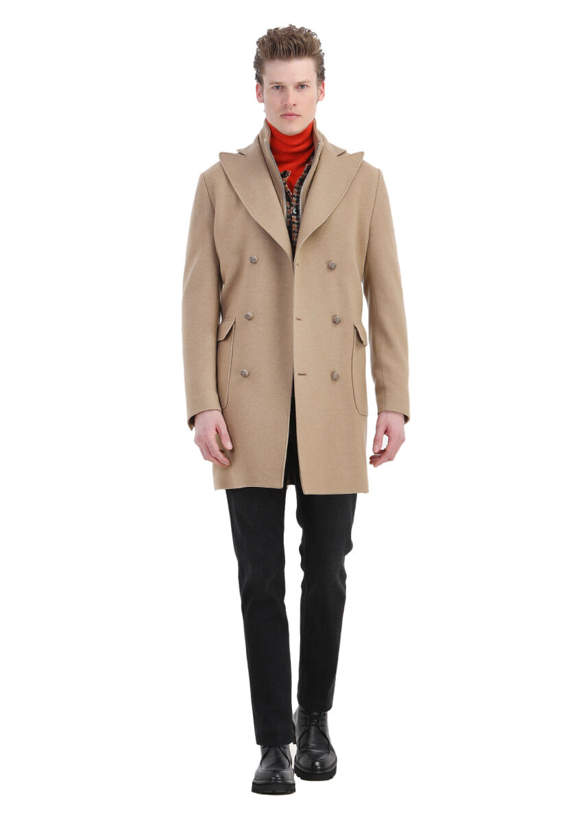 Buff Regular Fit Double Breasted Collar Casual Knitting Overcoat - 2