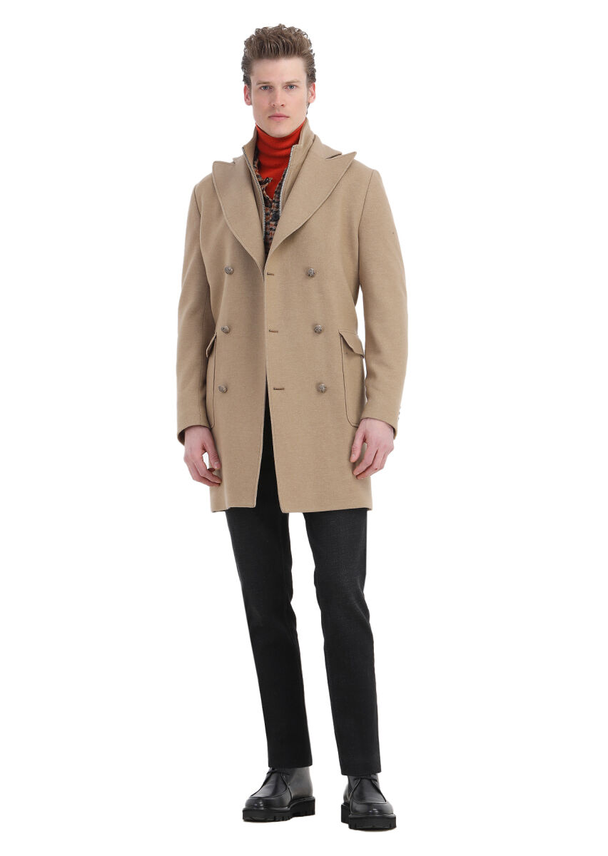 Buff Regular Fit Double Breasted Collar Casual Knitting Overcoat - 3