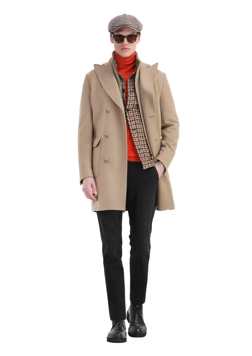 Buff Regular Fit Double Breasted Collar Casual Knitting Overcoat - 5