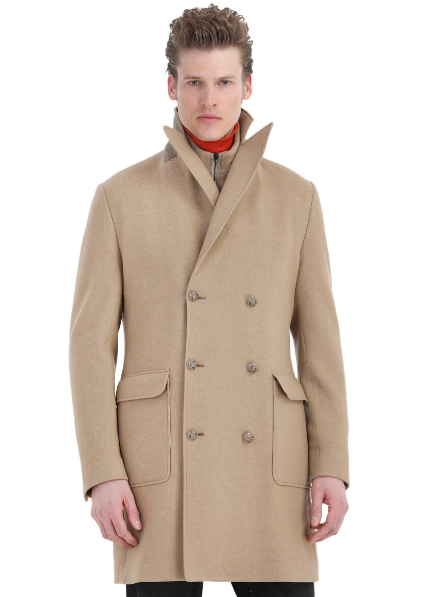 Buff Regular Fit Double Breasted Collar Casual Knitting Overcoat - 6