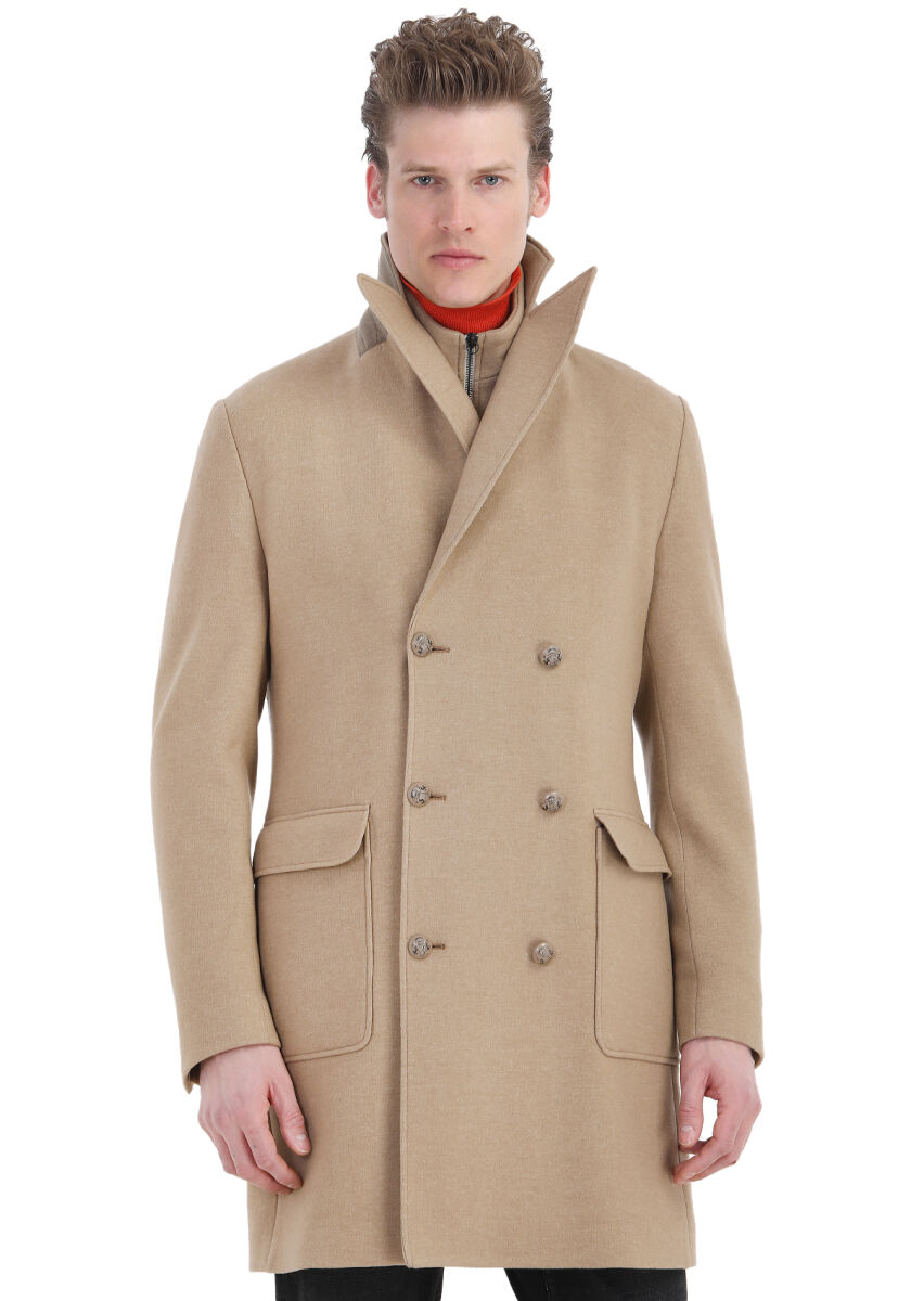 Buff Regular Fit Double Breasted Collar Casual Knitting Overcoat - 6