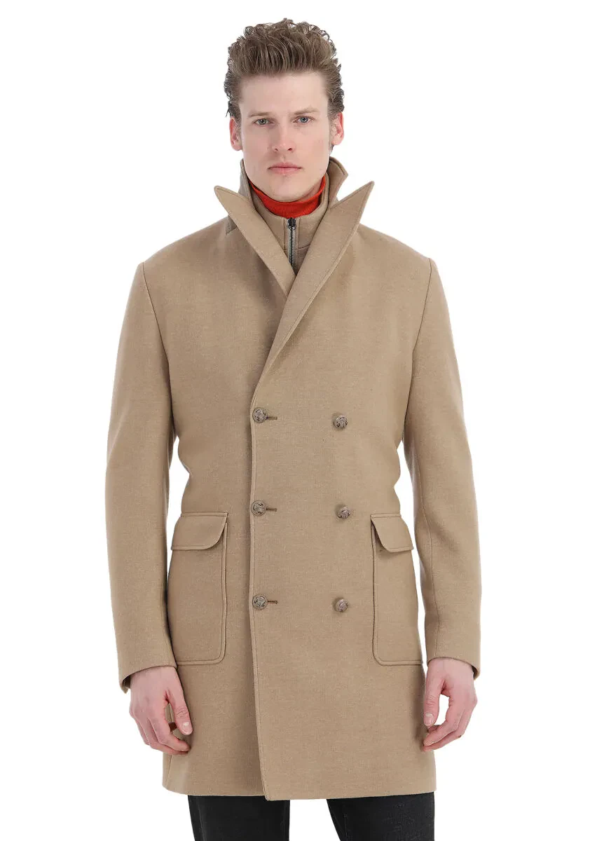 Buff Regular Fit Double Breasted Collar Casual Knitting Overcoat - 1