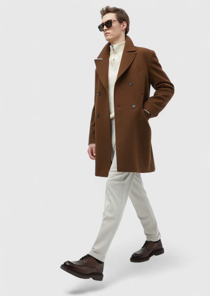 Buff Regular Fit Double Breasted Collar Casual Weaving Overcoat - RAMSEY