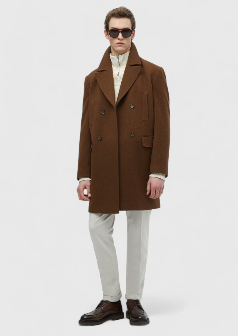 Buff Regular Fit Double Breasted Collar Casual Weaving Overcoat - RAMSEY