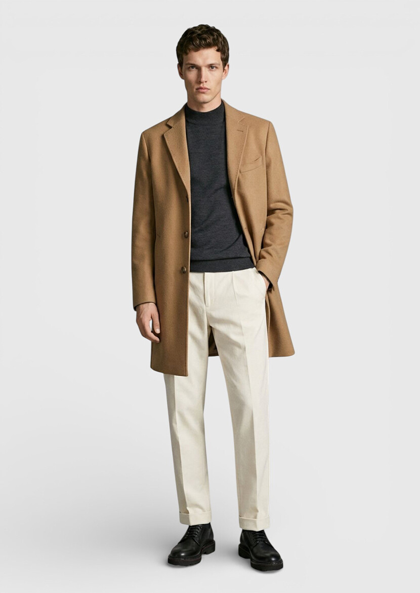 Buff Regular Fit Shawl Collar Classical Weaving Overcoat - 1