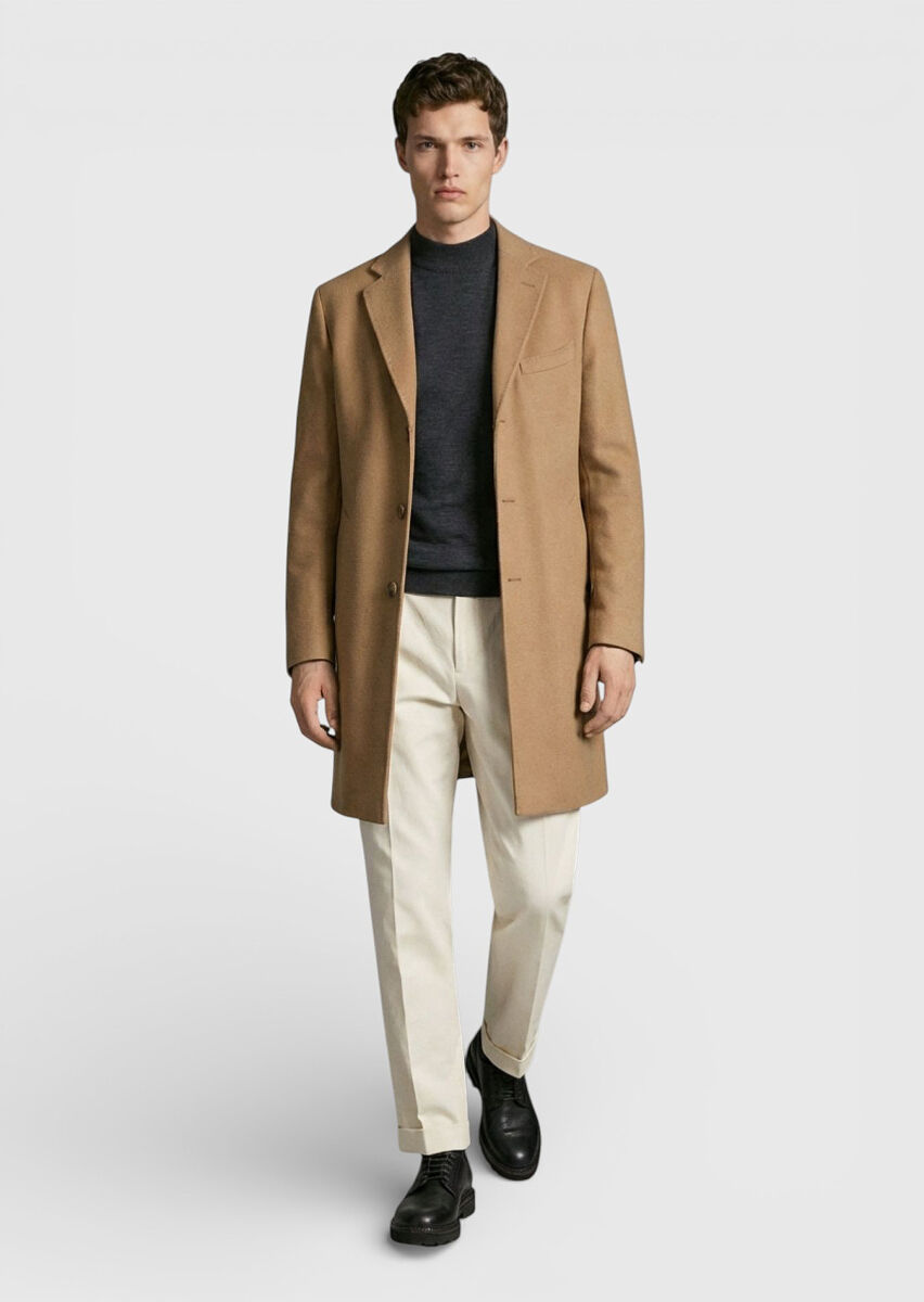 Buff Regular Fit Shawl Collar Classical Weaving Overcoat - 2