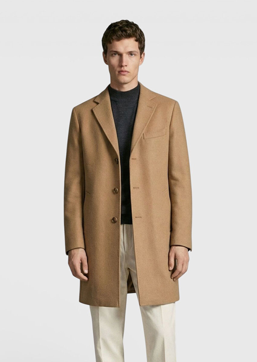 Buff Regular Fit Shawl Collar Classical Weaving Overcoat - 3