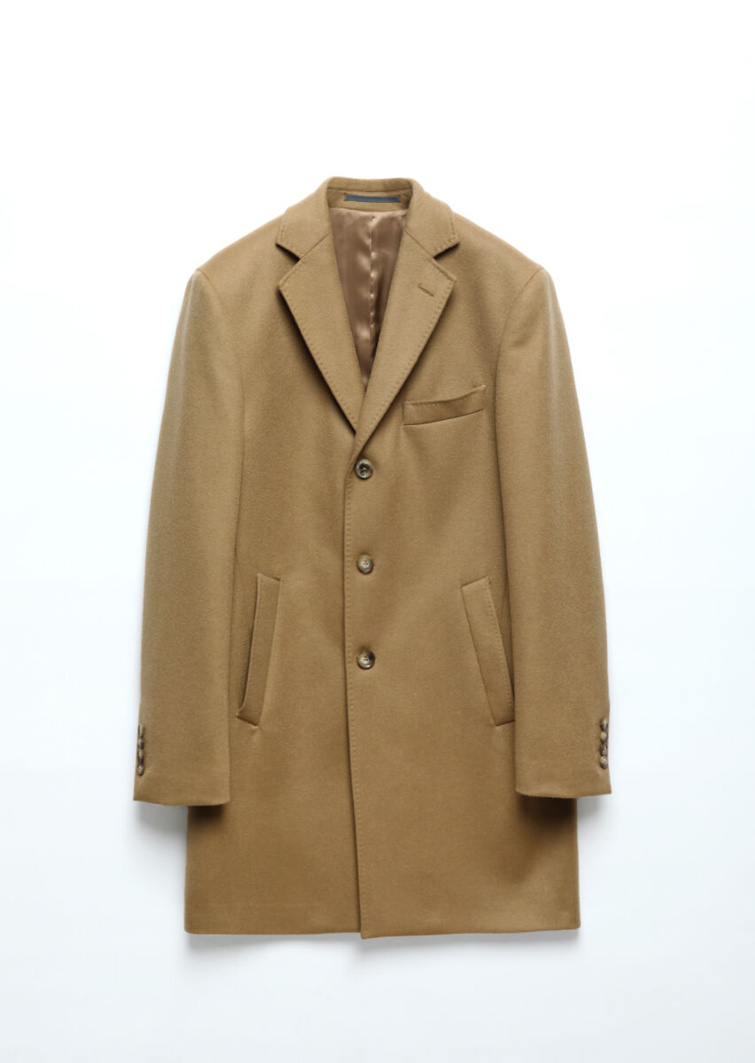 Buff Regular Fit Shawl Collar Classical Weaving Overcoat - 5