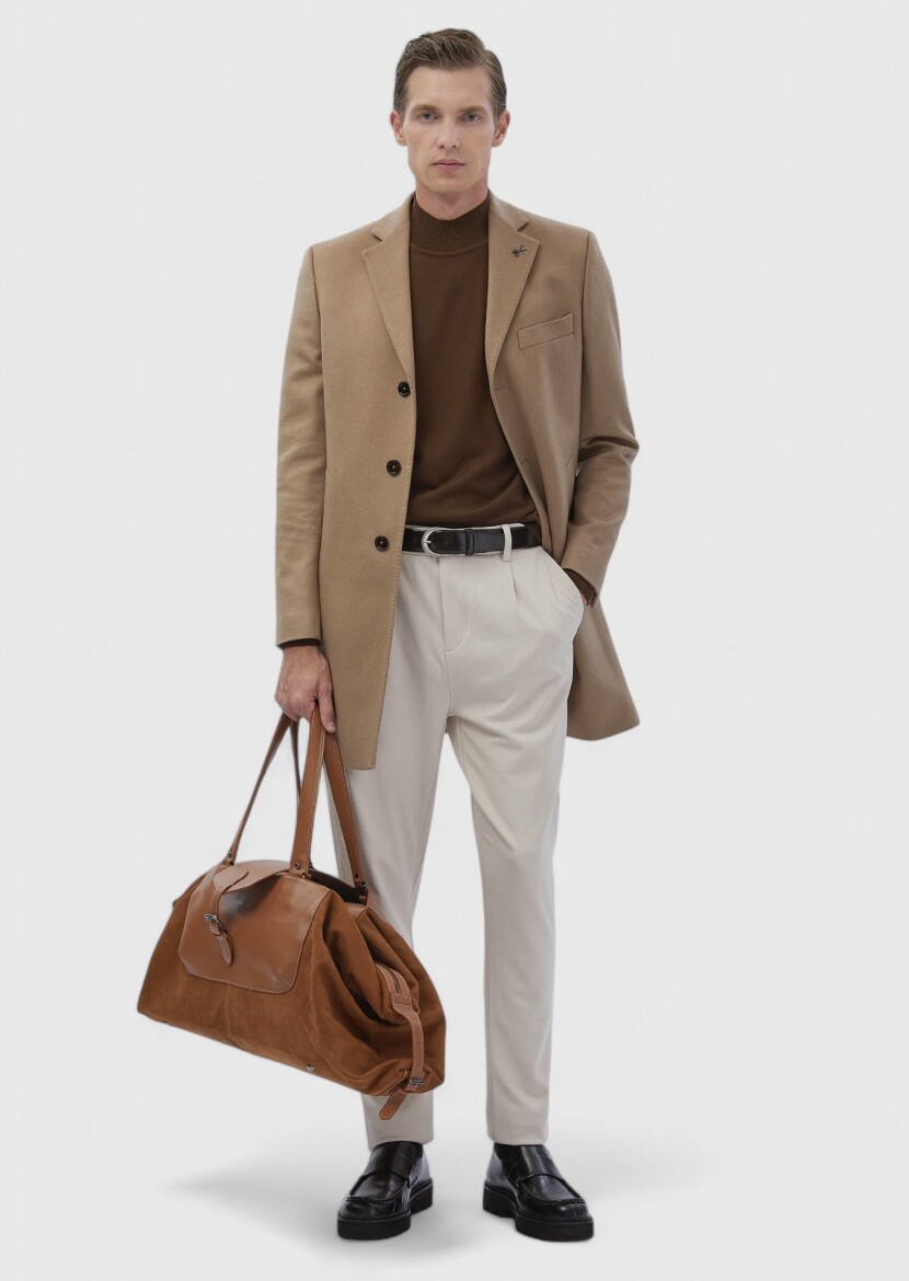 Buff Regular Fit Shawl Collar Classical Weaving Overcoat - RAMSEY