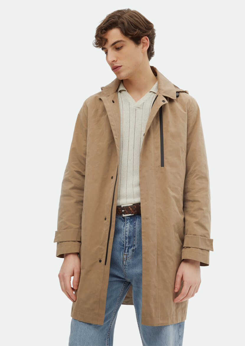 Buff Regular Fit Shirt Collar Casual Weaving Removable Hood Rain Coat - 1
