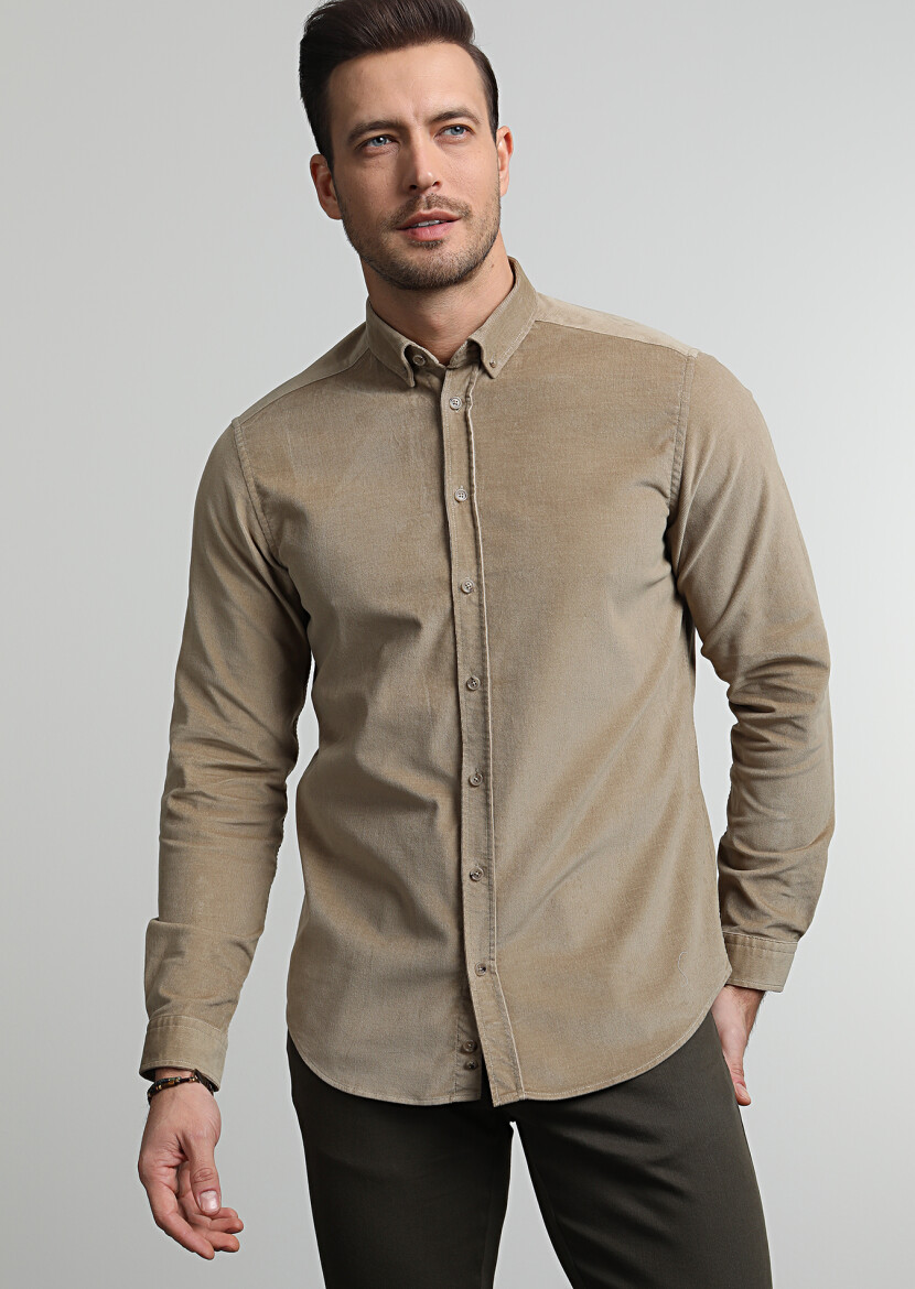 Buff Ribbed Regular Fit Long Weaving Casual Cotton Blended Shirt - 1