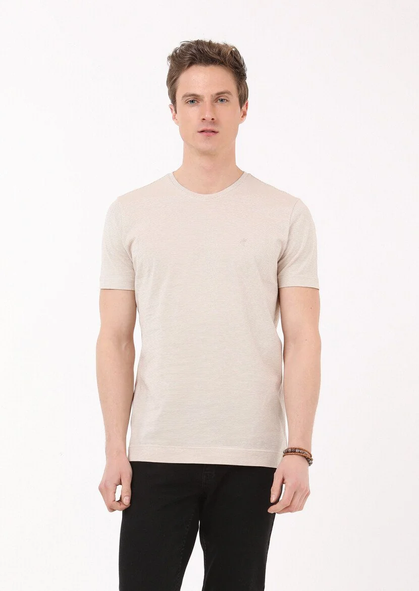 Buff Striped Crew Neck 100% Cotton T-Shirt - 1
