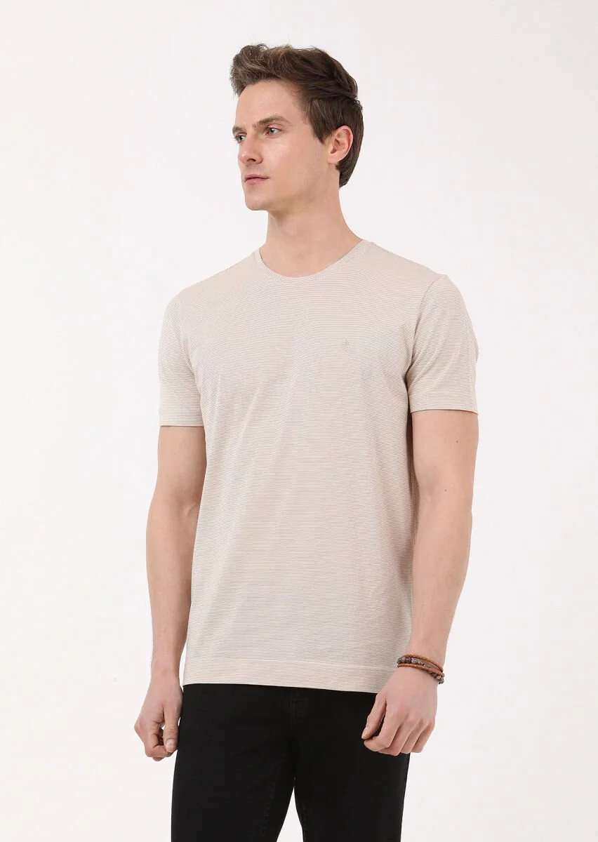 Buff Striped Crew Neck 100% Cotton T-Shirt - 2
