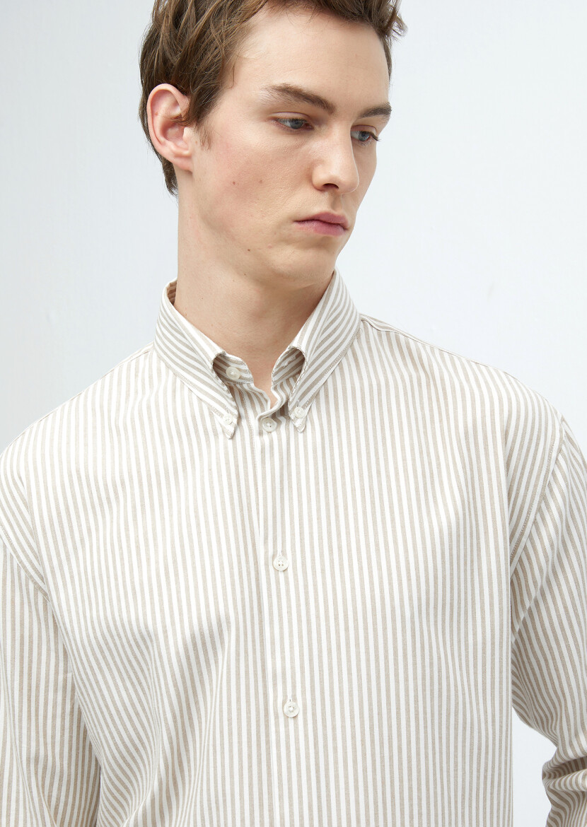 Buff Striped Loose Fit Long Weaving Casual Cotton Blended Shirt - 1