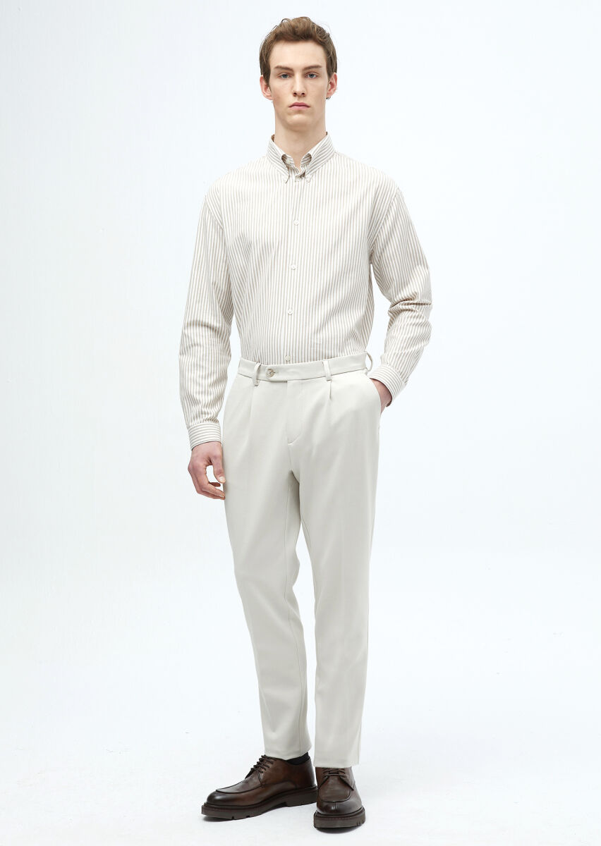 Buff Striped Loose Fit Long Weaving Casual Cotton Blended Shirt - 2