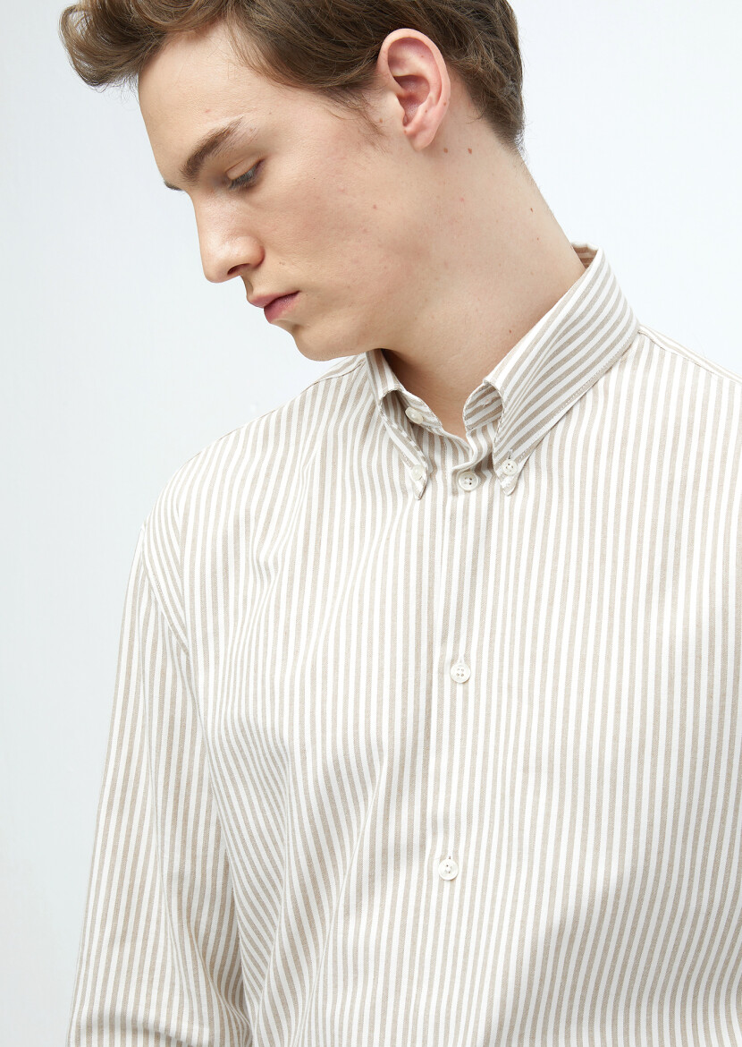 Buff Striped Loose Fit Long Weaving Casual Cotton Blended Shirt - 3