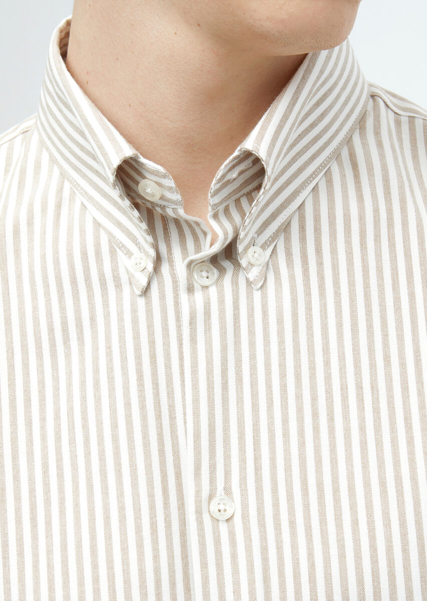 Buff Striped Weaving Casual Cotton Blended Shirt - 4