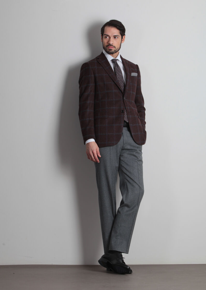 Burgundy Checkered Regular Fit Wool Blended Jacket - 1