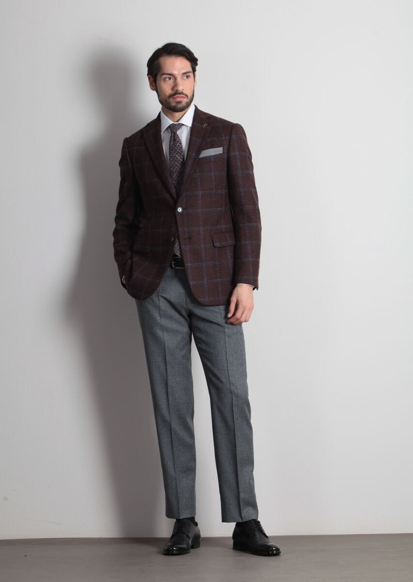 Burgundy Checkered Regular Fit Wool Blended Jacket - 2