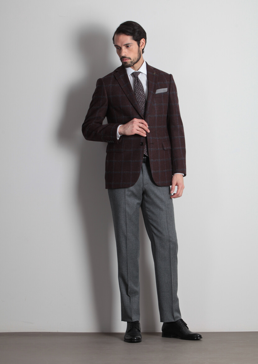 Burgundy Checkered Regular Fit Wool Blended Jacket - 3