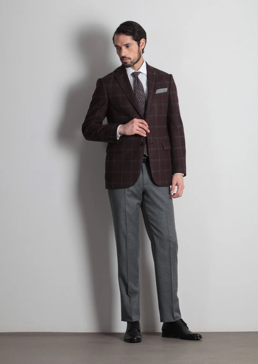 Burgundy Checkered Regular Fit Wool Blended Jacket - 3