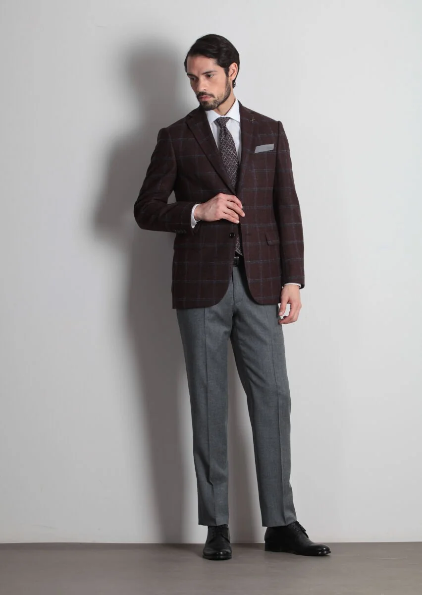 Burgundy Checkered Regular Fit Wool Blended Jacket - 3