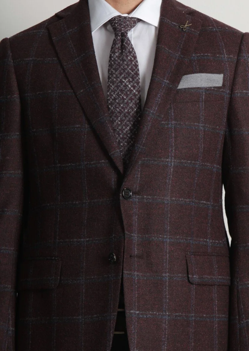 Burgundy Checkered Regular Fit Wool Blended Jacket - 4