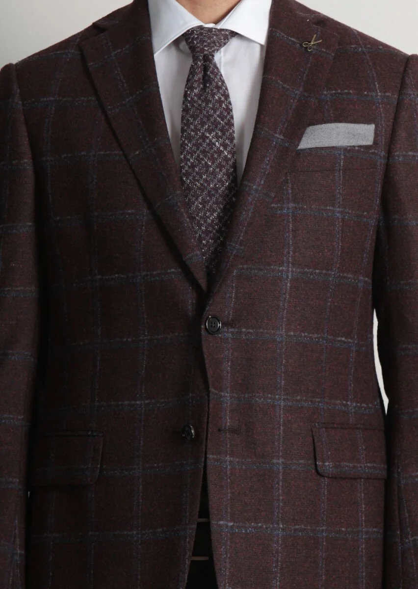 Burgundy Checkered Regular Fit Wool Blended Jacket - 4