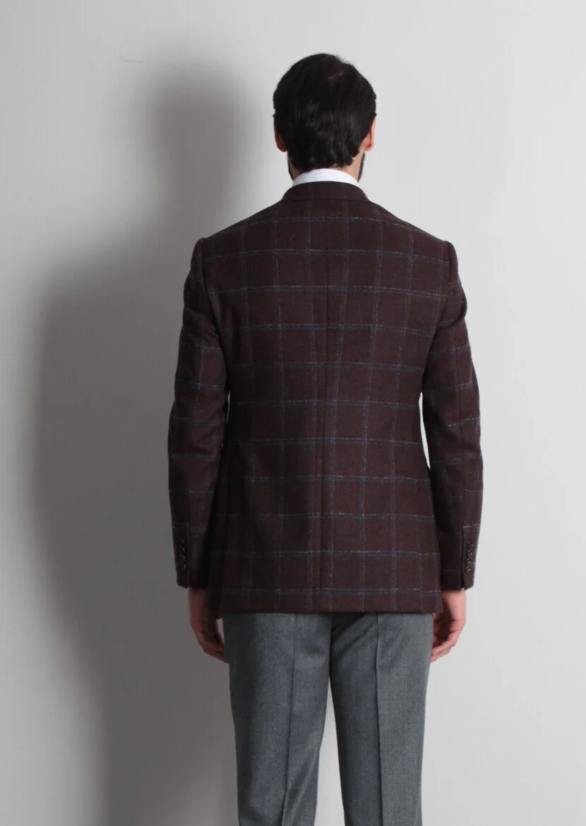 Burgundy Checkered Regular Fit Wool Blended Jacket - 5