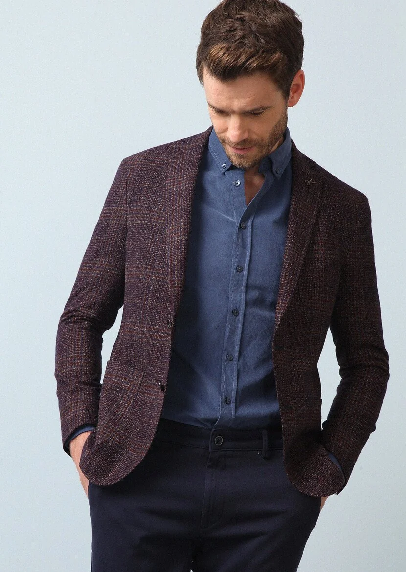 Burgundy Checkered Shirt Shoulder Slim Fit Wool Blended Jacket - 1