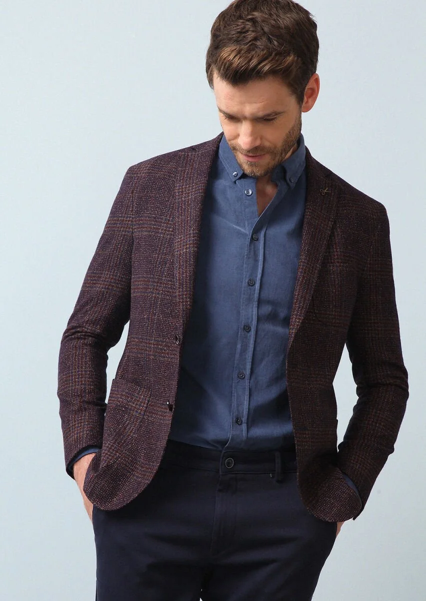 Burgundy Checkered Shirt Shoulder Slim Fit Wool Blended Jacket - 1