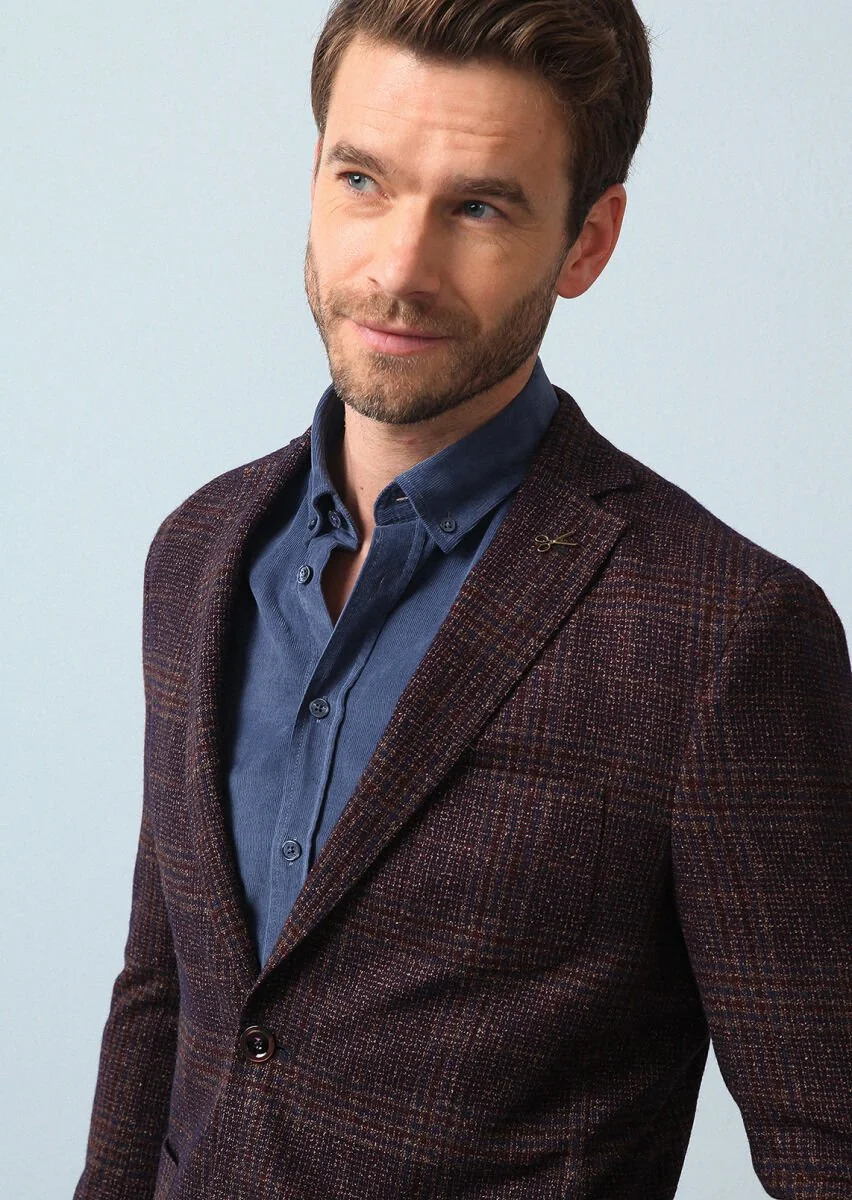 Burgundy Checkered Shirt Shoulder Slim Fit Wool Blended Jacket - 2