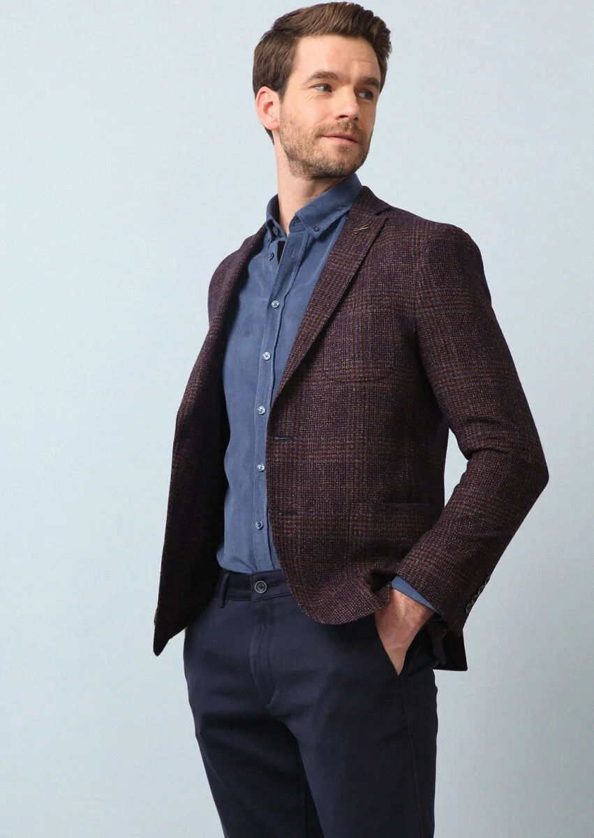 Burgundy Checkered Shirt Shoulder Slim Fit Wool Blended Jacket - 3