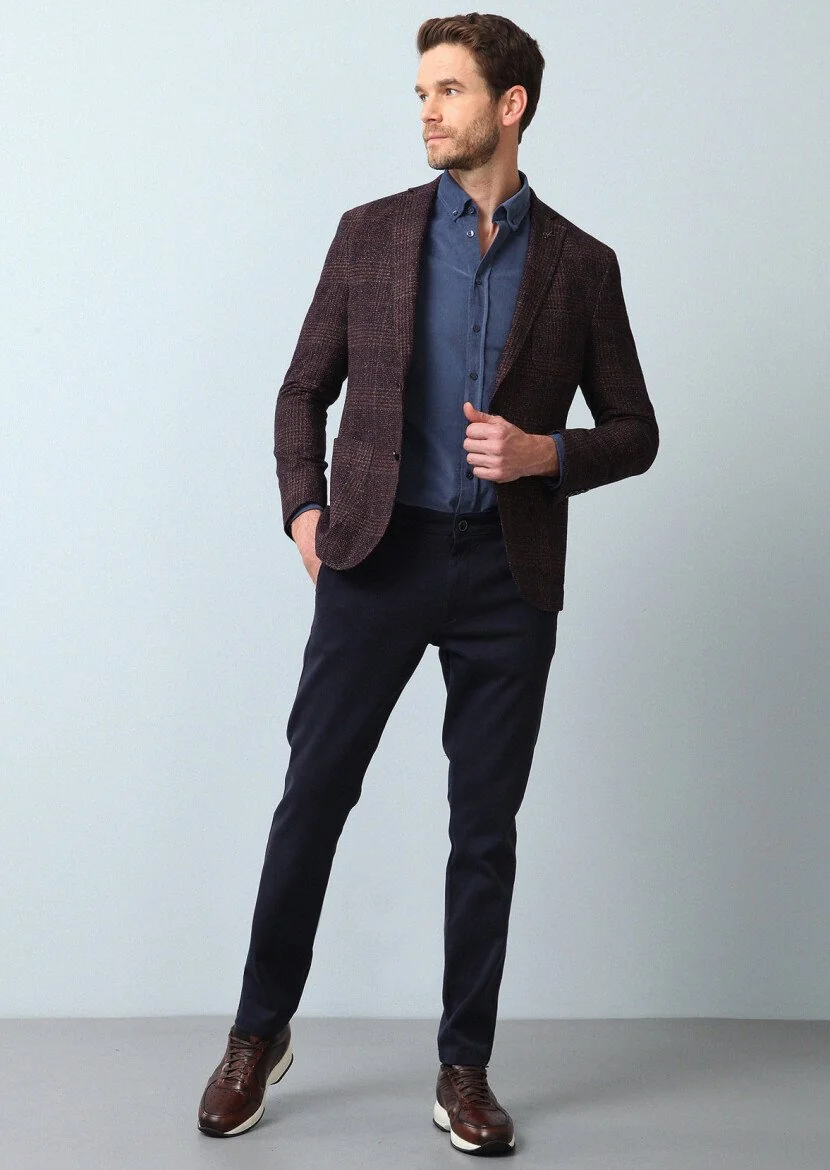 Burgundy Checkered Shirt Shoulder Slim Fit Wool Blended Jacket - 4