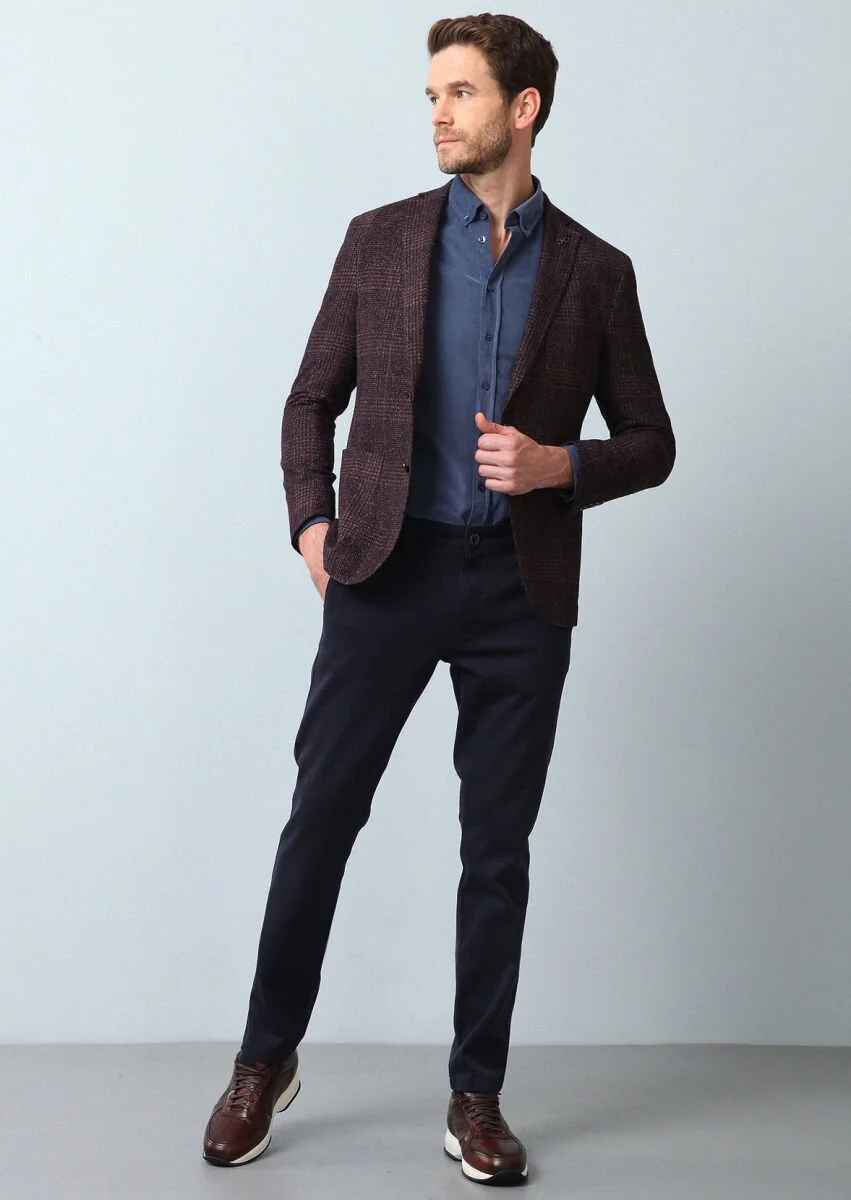 Burgundy Checkered Shirt Shoulder Slim Fit Wool Blended Jacket - 4