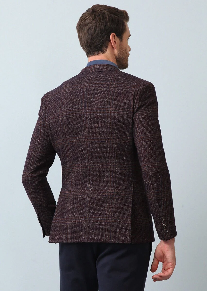 Burgundy Checkered Shirt Shoulder Slim Fit Wool Blended Jacket - 5
