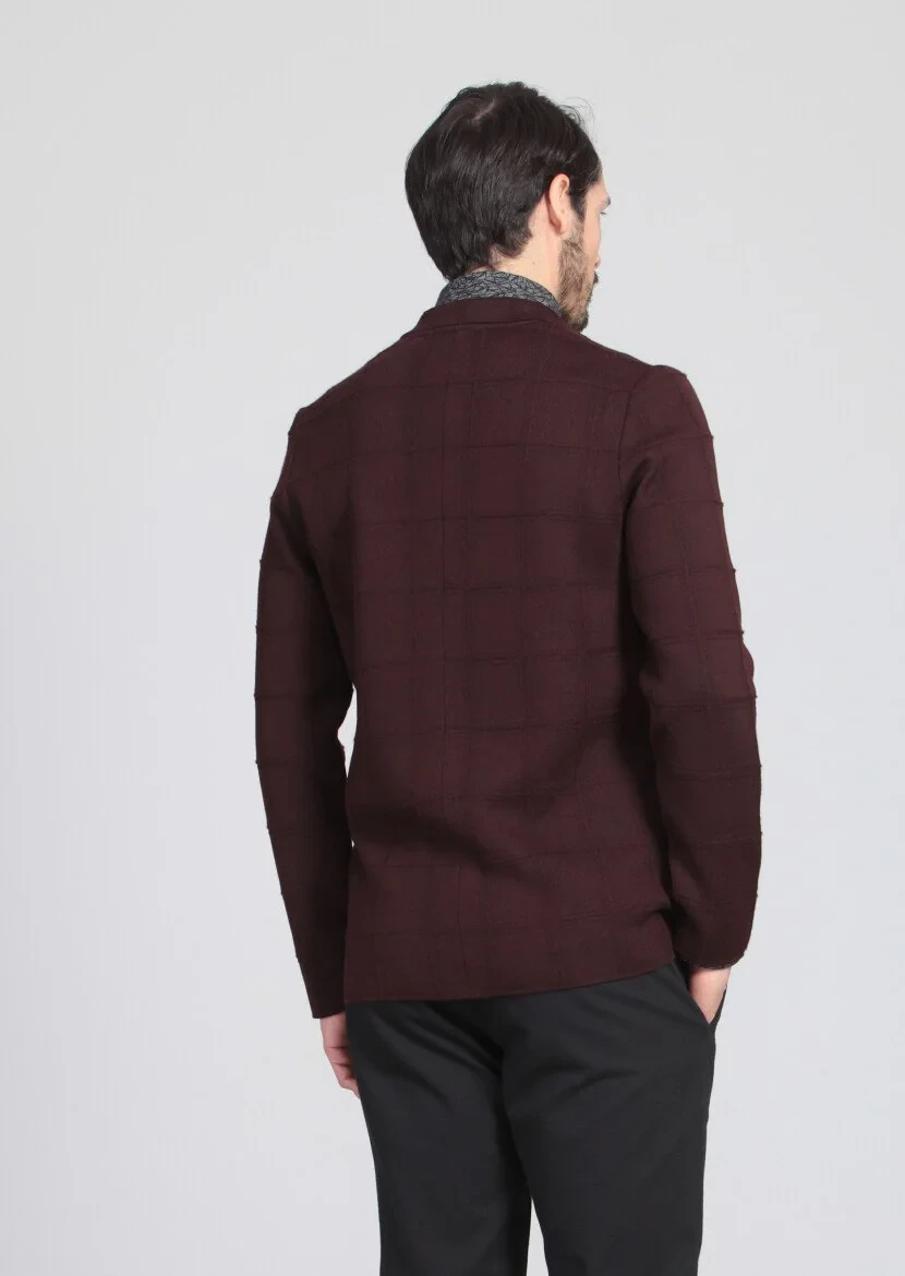 Burgundy Jacquard Wool Blended Cardigan - 5