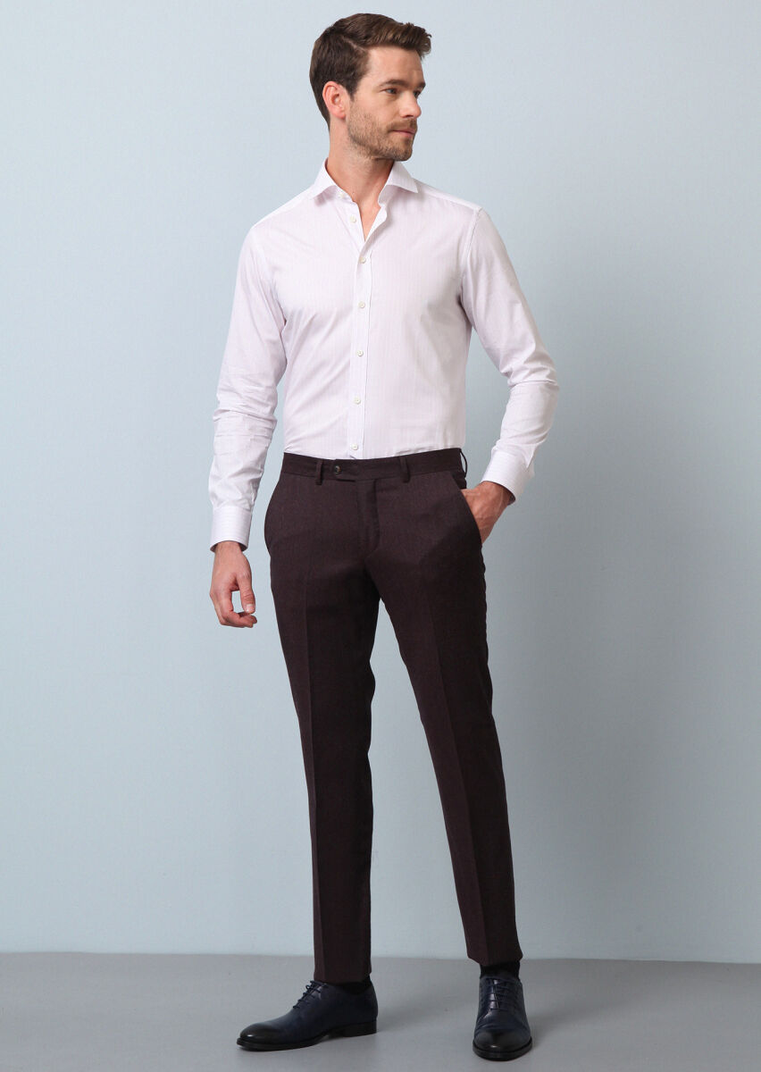 Burgundy Material Modern Fit Classical 100% Wool Trousers - 1