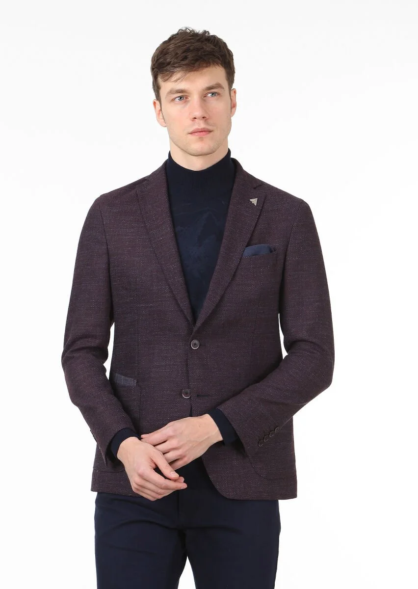 Burgundy Micro Modern Fit Wool Blended Jacket - 1